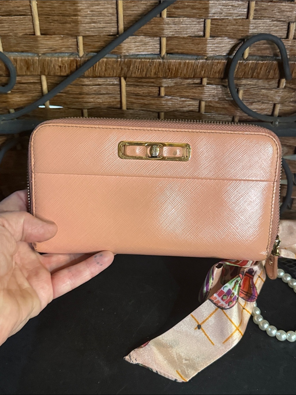 Salvatore Ferragamo Pink Zip-Around Wallet with Gold Hardware